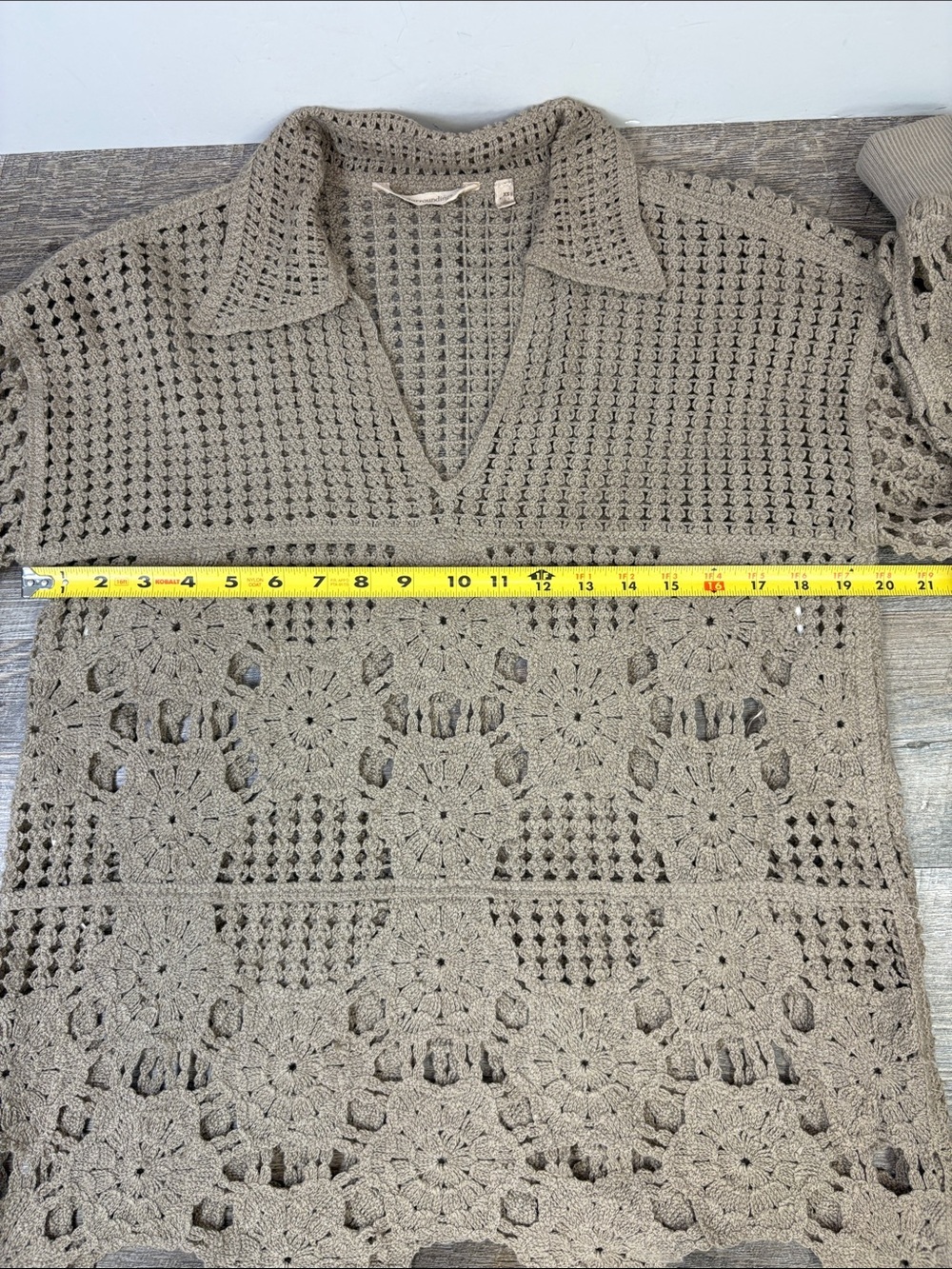 Soft Surroundings Crochet Open Knit Sweater Taupe Boho Collared Pullover XS - Picture 8 of 9